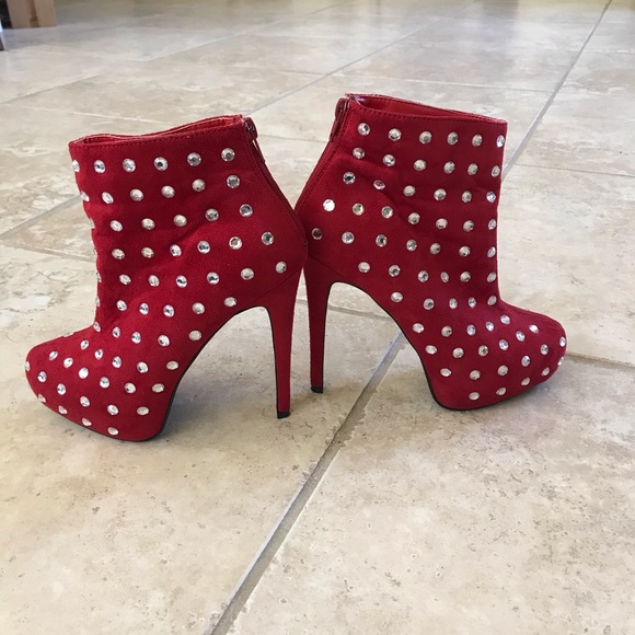 Red suede like faux crystal studded ankle boots - Picture 5 of 7